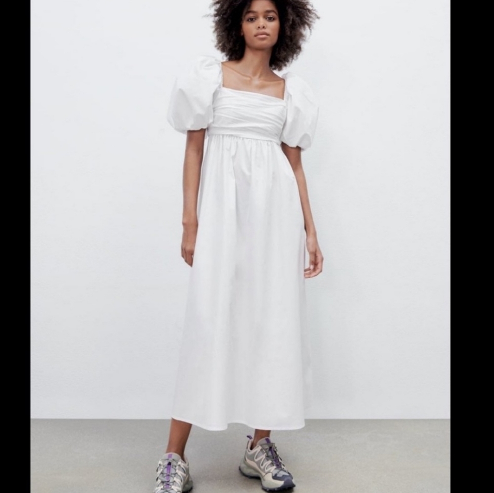 ZARA NWT BLOGGERS FAVORITE DRAPED POPLIN DRESS White Midi Maxi - Picture 14 of 16